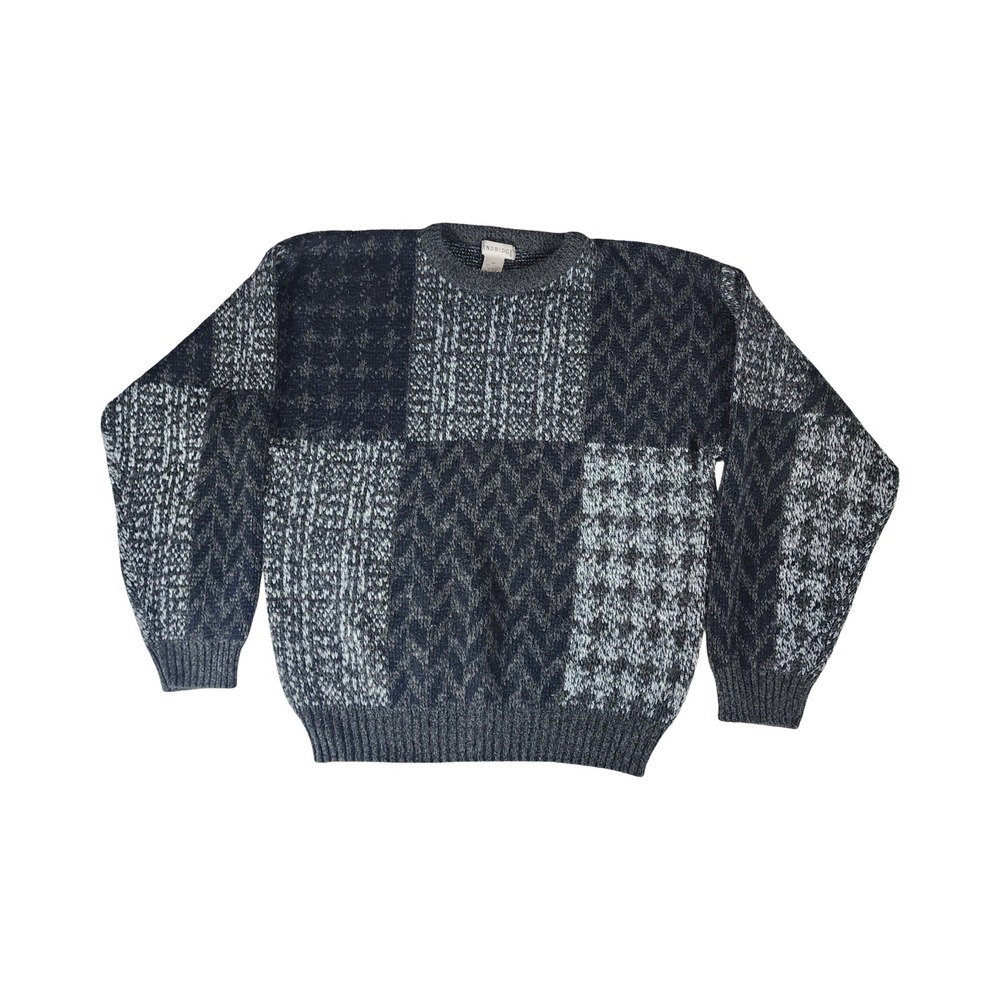 Vintage Windridge Mens Patchwork Knit Sweater Grey Charcoal‎ Geometric Medium